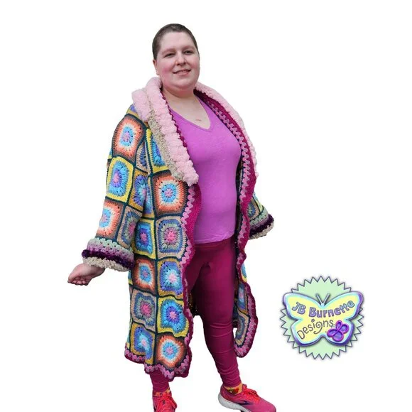Original Handmade Cardigan Coat of Many Colors, Crochet Granny Square Robe - Picture 4 of 7
